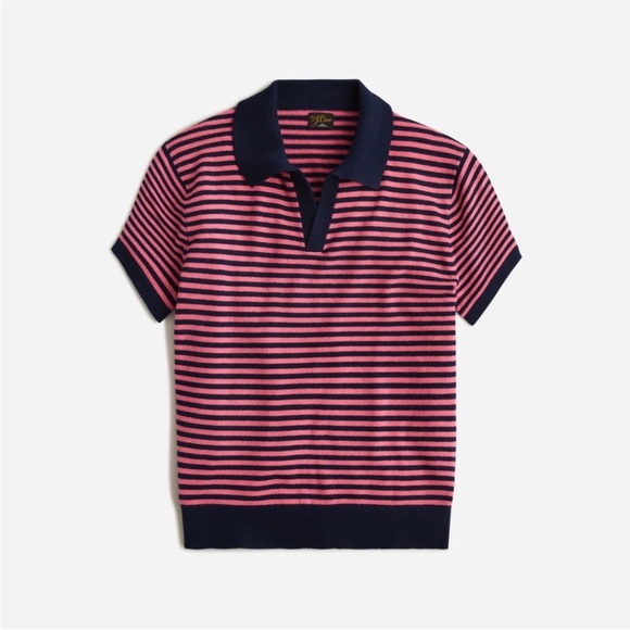 J.Crew Pink And Blue Striped Cashmere Johnny Collar Short Sleeve Top L